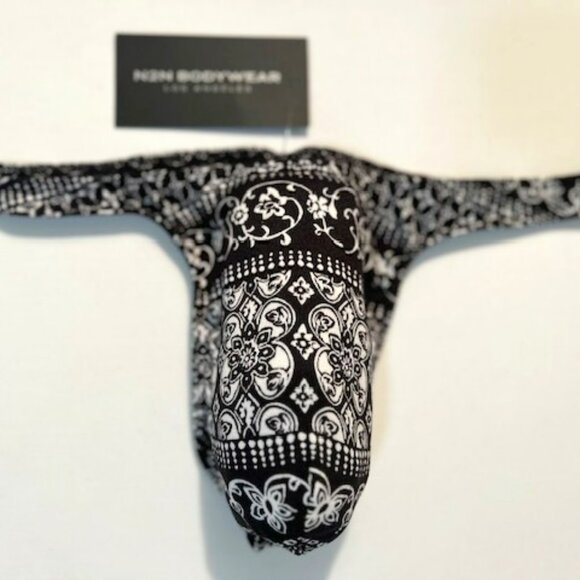 N2N Bodywear Size “M” Provence T-Back Thong- Black/White Batik Design - Picture 3 of 13